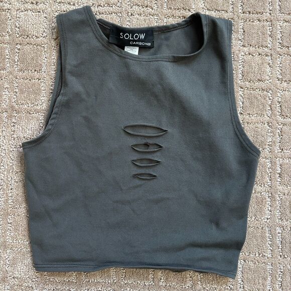 Solow Deconstructed Activewear Set Crop Top (XS) Leggings (S) Gray Green Ripped - Picture 4 of 10